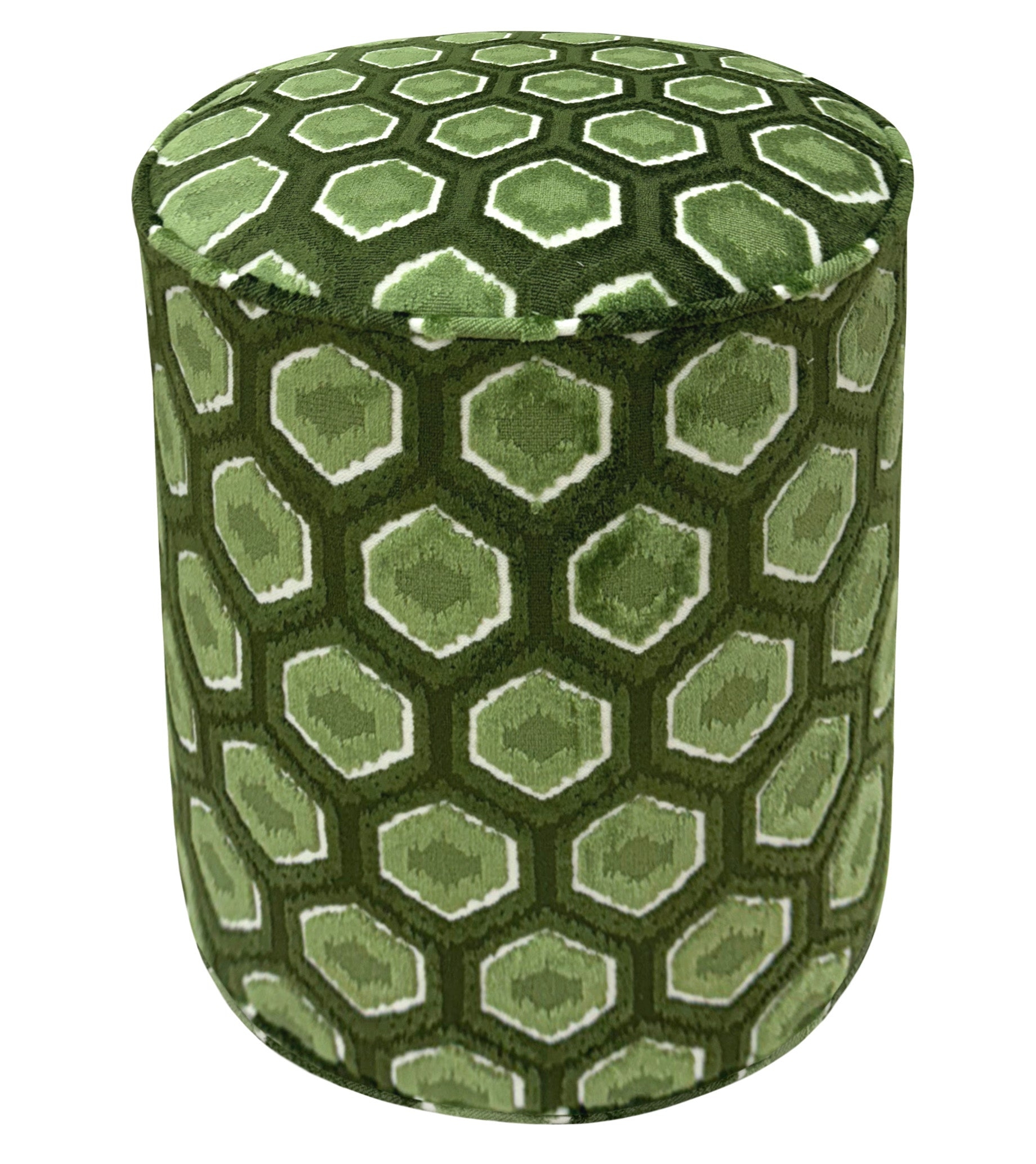 THE TIGHT ROUND OTTOMAN :: MIA CUT VELVET  // OLIVE - 17" Diameter X 19" Height - Image 0