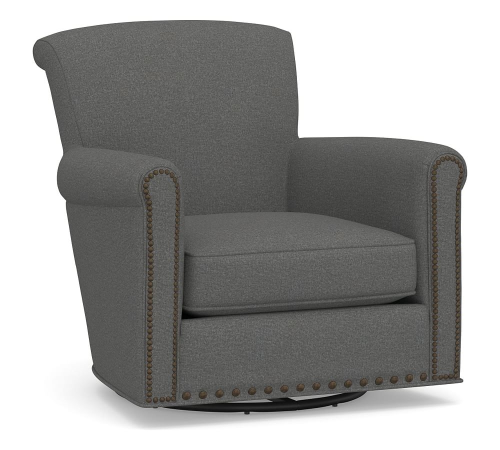 Irving Roll Arm Upholstered Swivel Glider with Bronze Nailheads, Polyester Wrapped Cushions, Park Weave Charcoal - Image 0