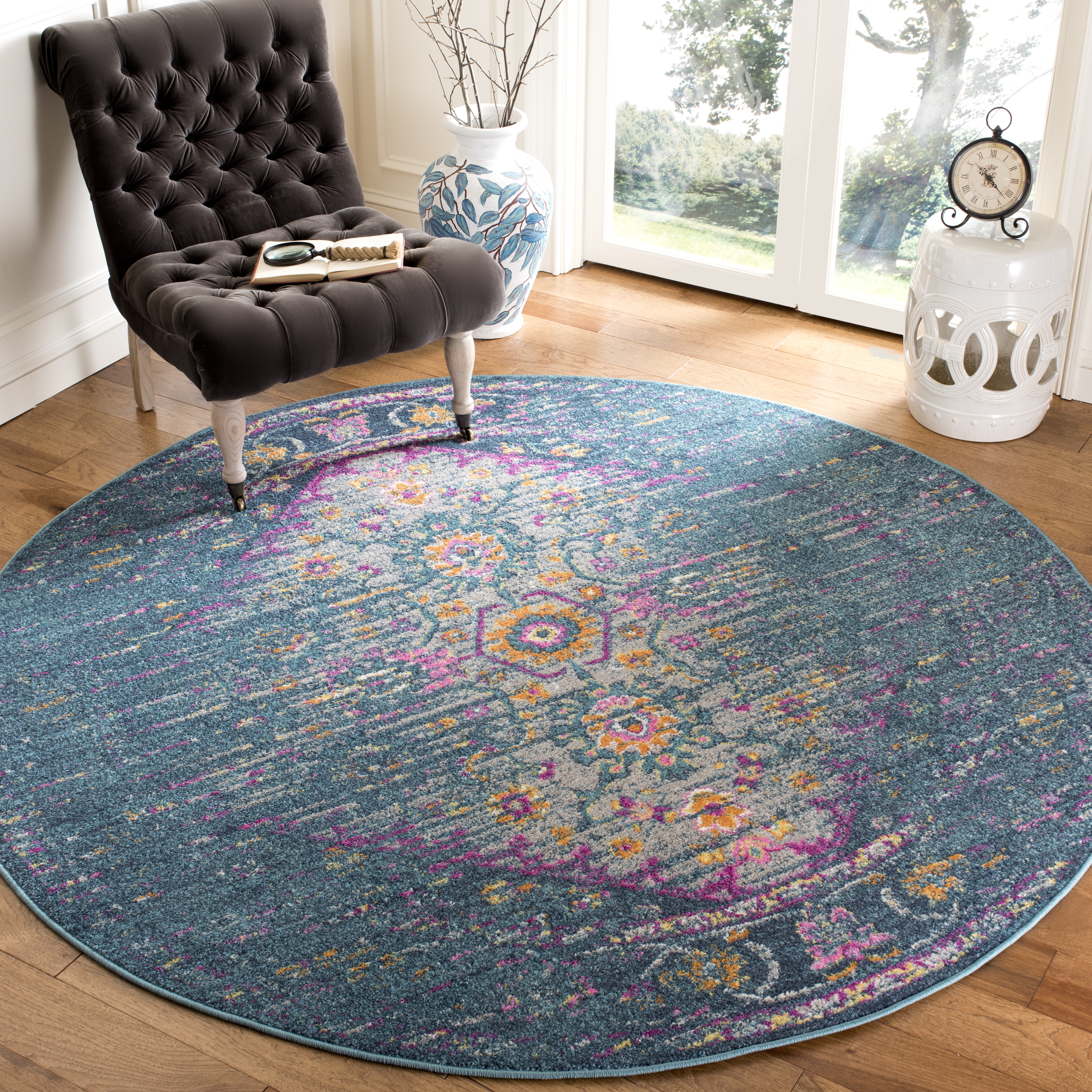 Arlo Home Woven Area Rug, MAD122C, Blue/Fuchsia,  6' 7" X 6' 7" Round - Image 1