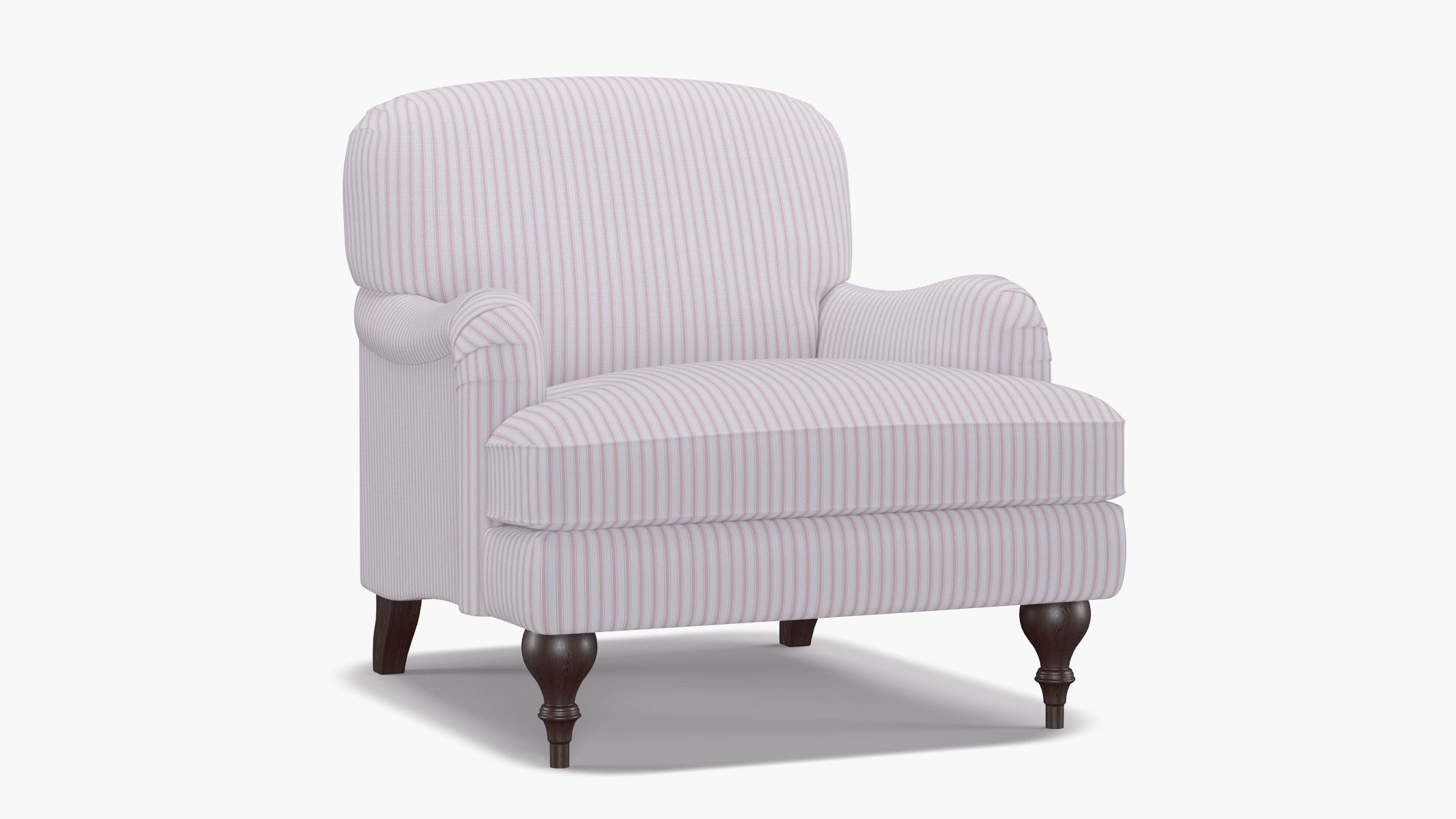 English Roll Arm Chair, Pink Classic Ticking Stripe, Espresso Turned Wood Leg - Image 1