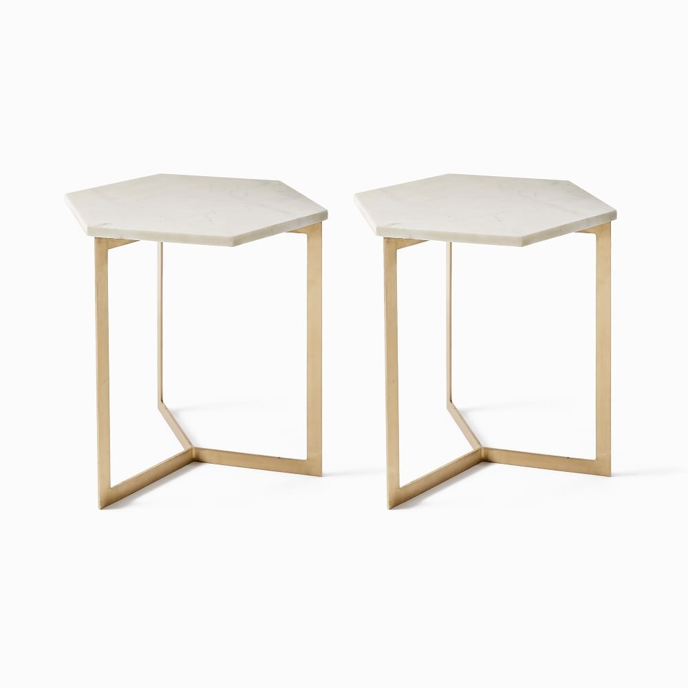 Hex Side Table, White Marble/Antique Brass, Set of 2 - Image 0