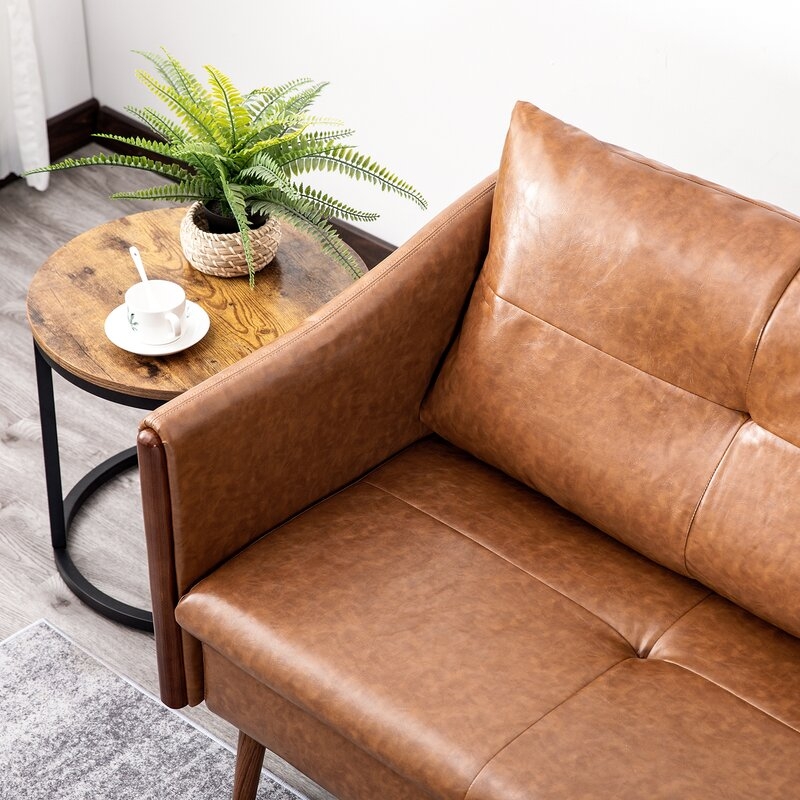 74'' Vegan Leather Round Arm Sofa, Orange Faux Leather - Image 1