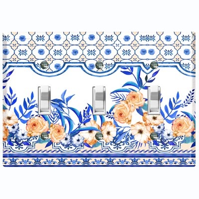 Metal Light Switch Plate Outlet Cover (Elegant Blue White Flower Leaves Tile  - Triple Toggle) - Image 0