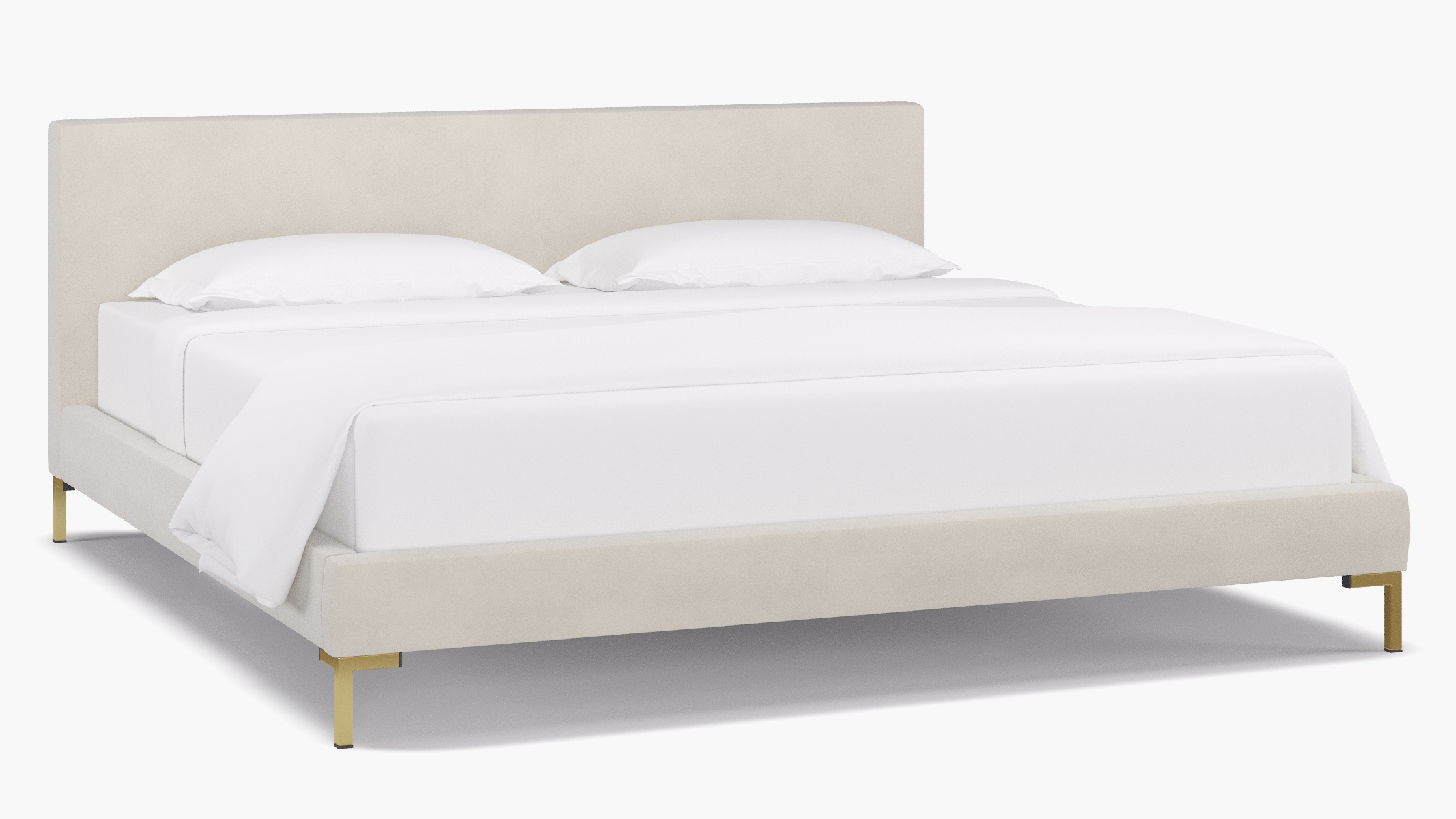 Modern Platform Bed, White Classic Velvet, Brass, King - Image 0
