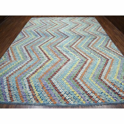 One-of-a-Kind Keanan Hand-Knotted 2010s Kilim Blue 10'2" x 13'4" Wool Area Rug - Image 0