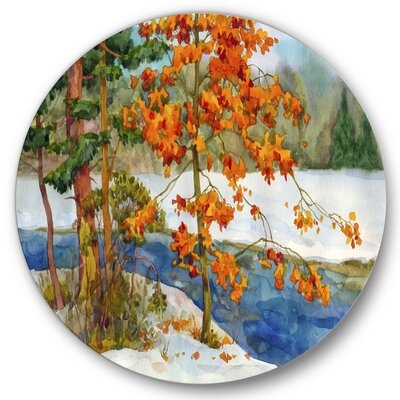 Stream In The Winter Forest I - Lake House Metal Circle Wall Art - Image 0