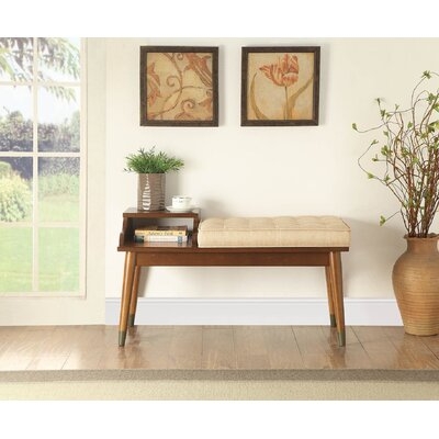 Wooden Entryway Bench W/Storage In Beige  Buttonless Tufted  Fabric & Walnut - Image 0