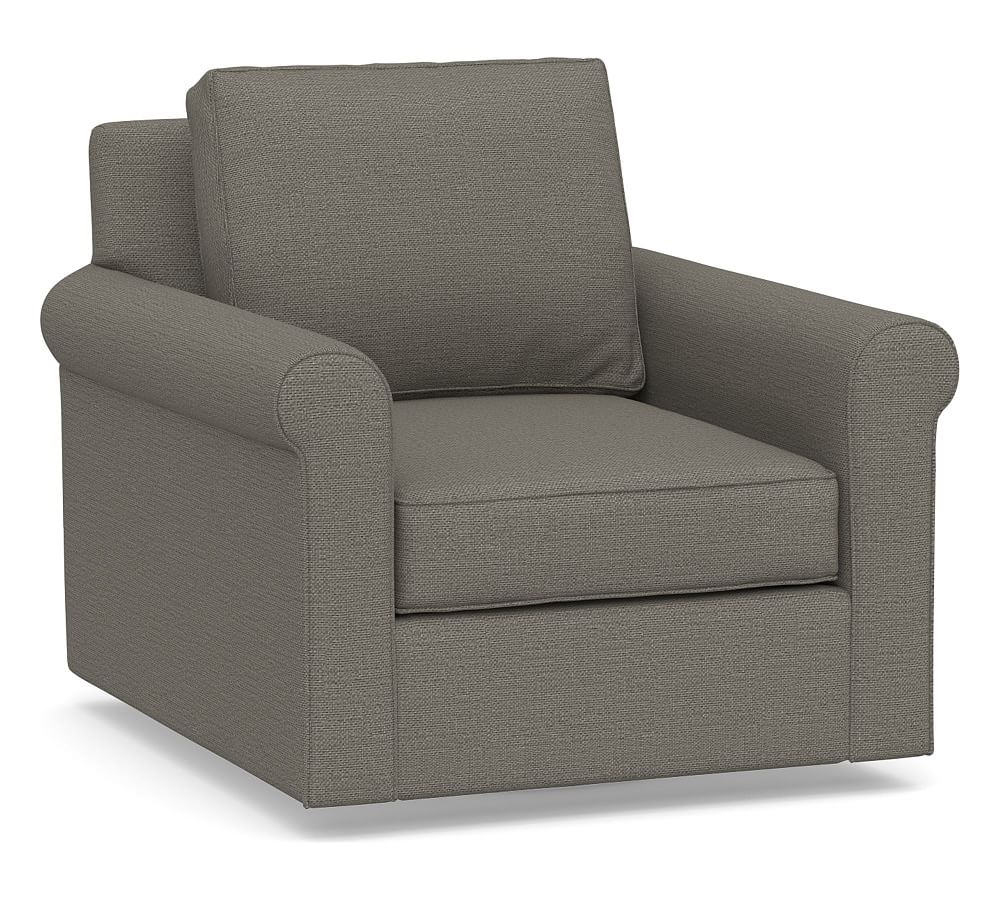 Cameron Roll Arm Upholstered Deep Seat Swivel Armchair, Polyester Wrapped Cushions, Chunky Basketweave Metal - Image 0