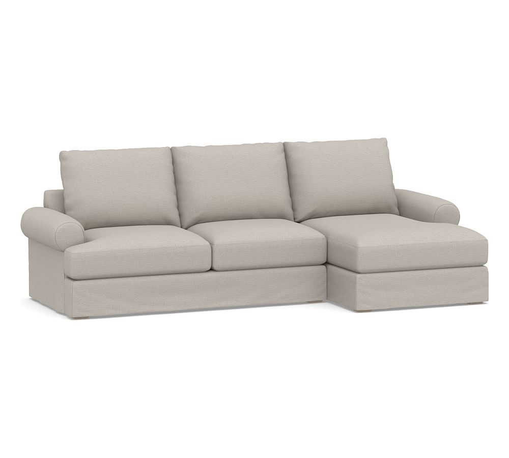 Canyon Roll Arm Slipcovered Left Arm Loveseat with Chaise Sectional, Down Blend Wrapped Cushions, Chunky Basketweave Stone - Image 0
