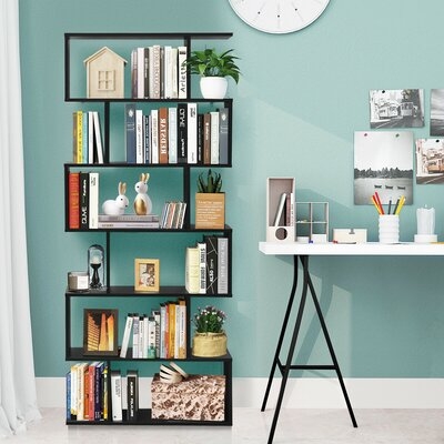 Latitude Run® 6 Tier S-shaped Bookshelf Storage Display Bookcase Decor Z-shelf Black - Image 1