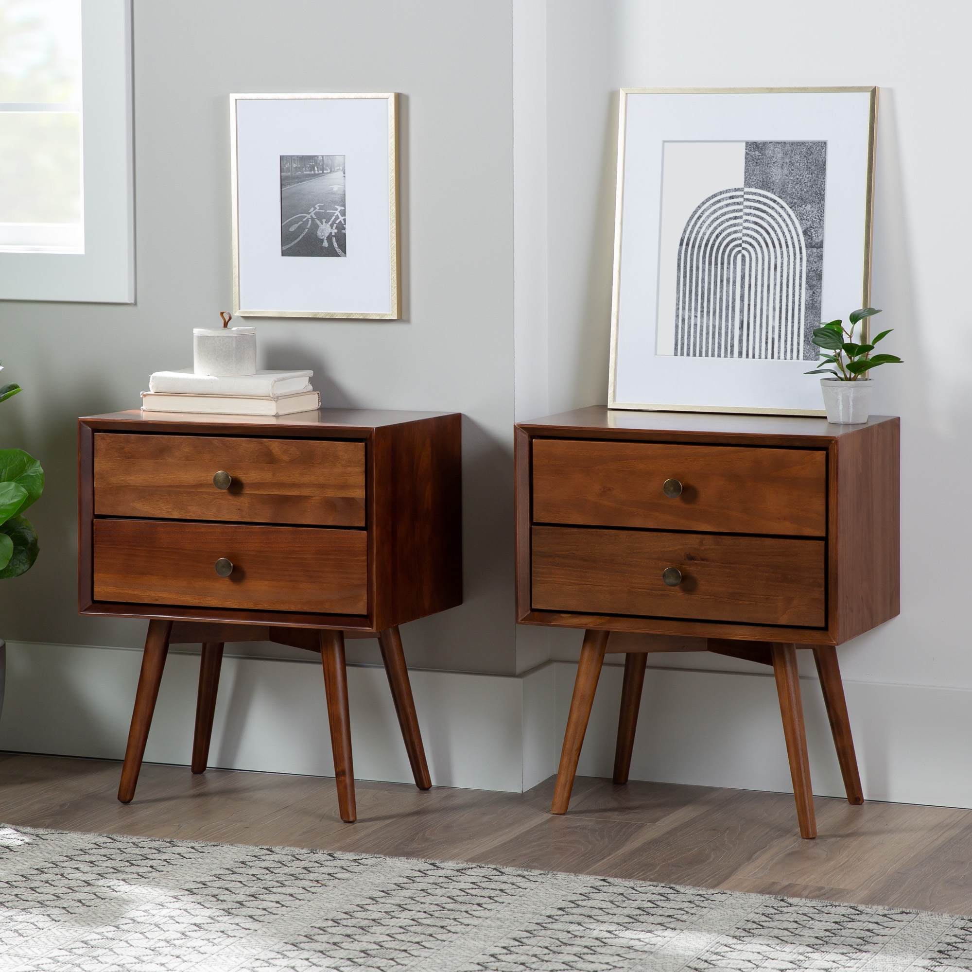 Mid Century Modern 2-Piece 2 Drawer Solid Wood Nightstand Set - Walnut - Image 6