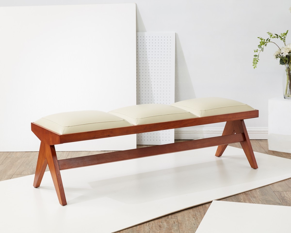 Rosselli Vegan Leather And Wood Bench - Cream/Walnut - Image 1
