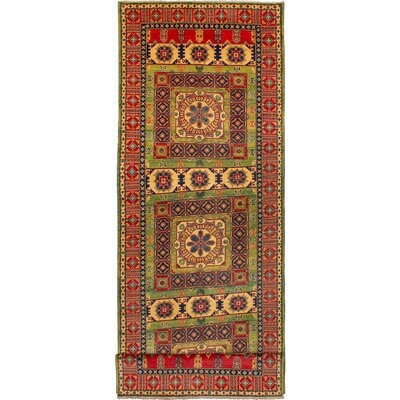 One-of-a-Kind Anania Hand-Knotted 2010s Uzbek Gazni Olive/Red 4'11" x 19'3" Runner Wool Area Rug - Image 0