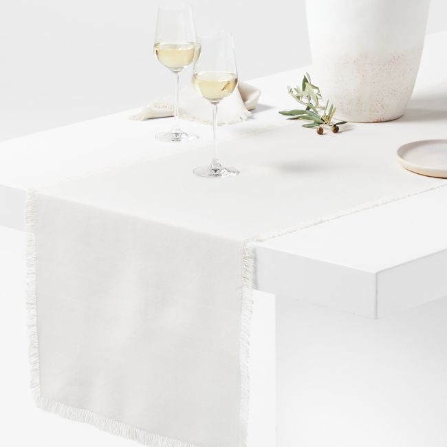 Craft 120" Birch Beige Organic Cotton Fringe Table Runner - Image 0