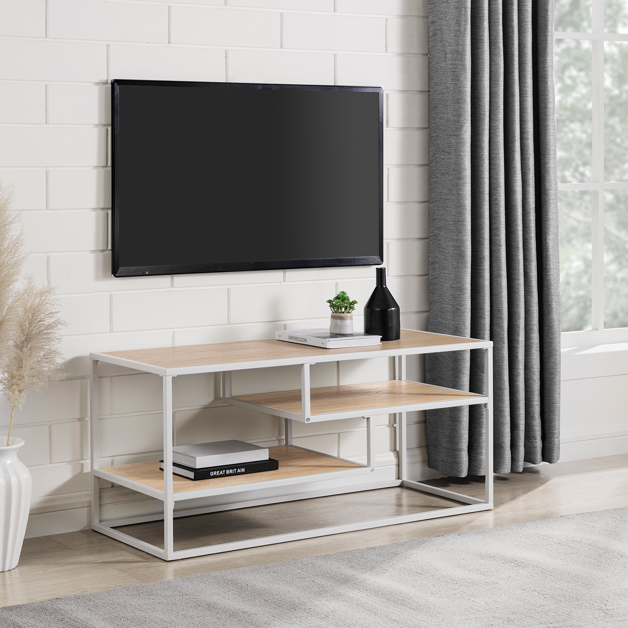 Modern Floating Shelf Metal and Wood TV Stand for TVs up to 43” - Coastal Oak / White - Image 4