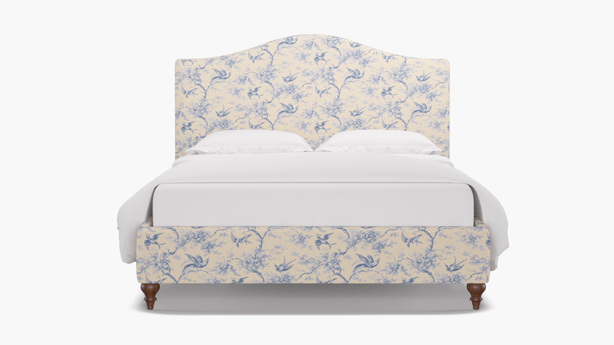 Camelback Bed, Blue Swallows, Walnut Traditional Turned Leg, King - Image 0