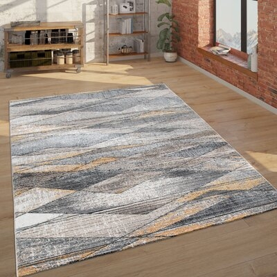 Modern Rug For Living Rooms, Abstract Design 3D Effect In Grey Yellow - Image 0