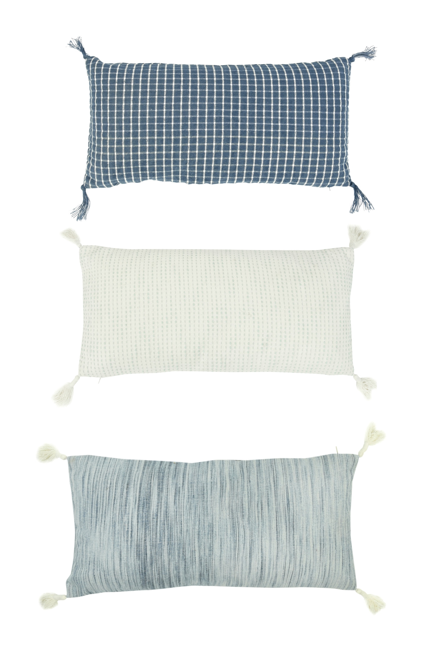 Lumbar Pillows with Tassel Corners, Blue & White Jute & Cotton, Set of 3, 24" x 12" - Image 0