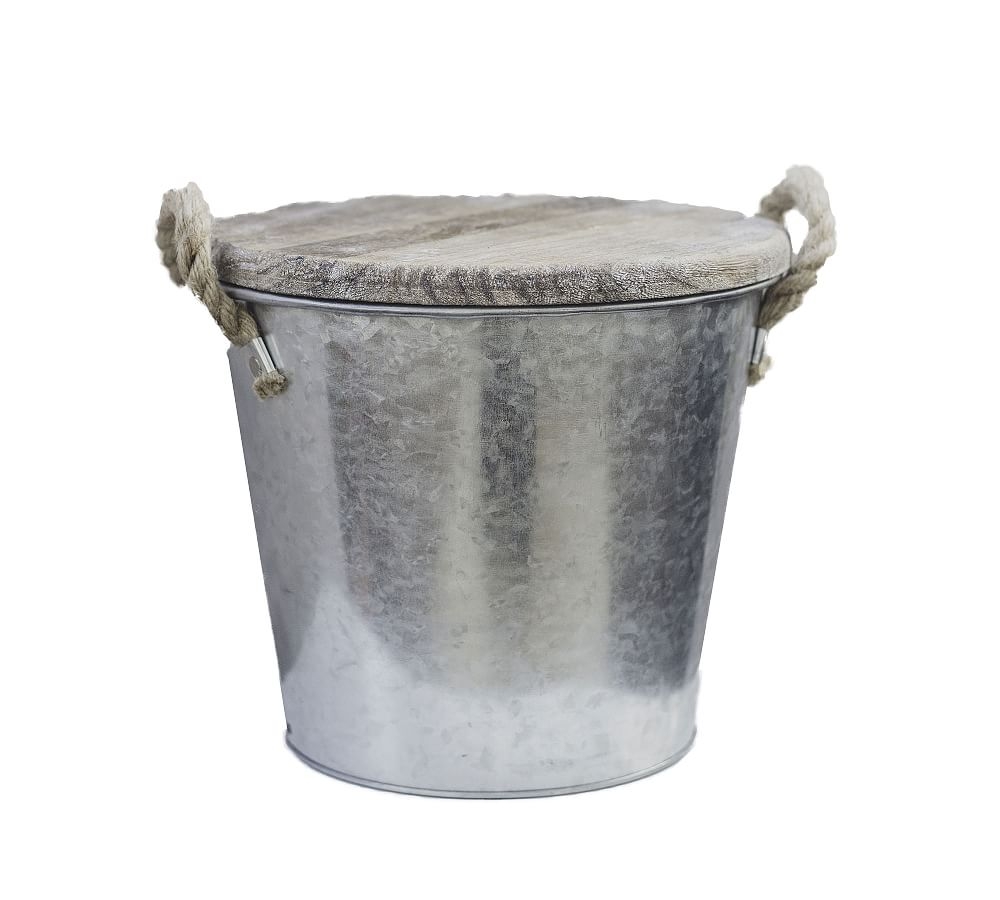 Galvanized Citronella Candle Bucket with Wood Lid, 9.25"H, Single - Image 0