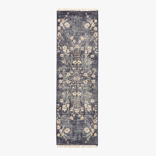 Lavish Hand-Knotted Black Floral Wool Runner Rug 2.5"x8" - Image 0