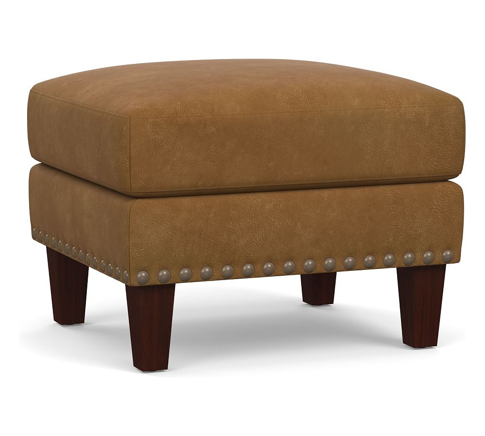 Harlow Leather Ottoman with Bronze Nailheads, Polyester Wrapped Cushions, Nubuck Camel - Image 0