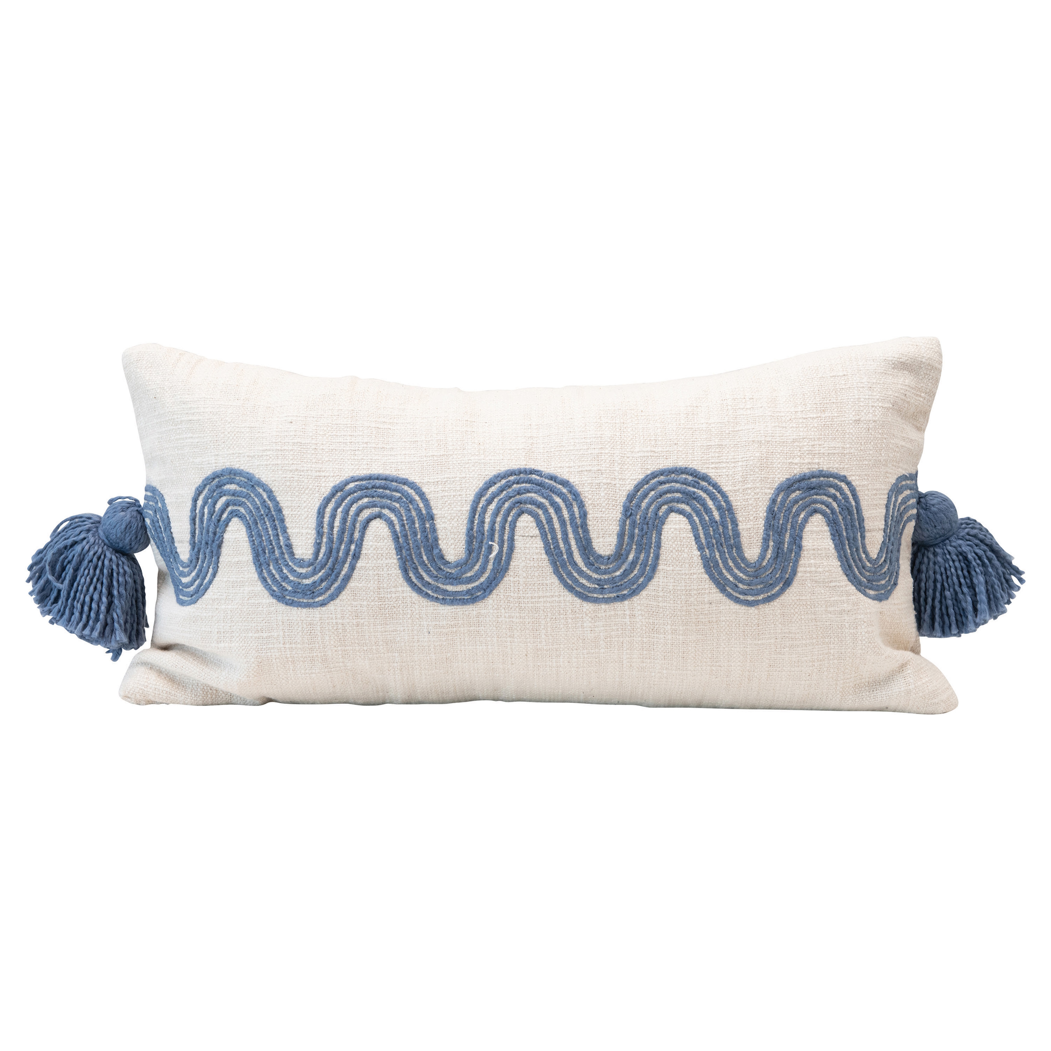 Cotton Lumbar Pillow with Embroidered Curved Pattern & Tassels, Cream Color & Blue - Image 0