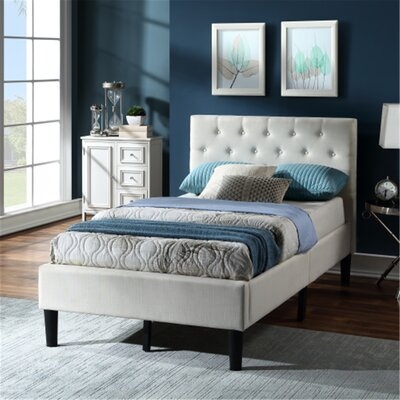 Upholstered Linen Platform Bed, Twin Size, Beige - Image 0