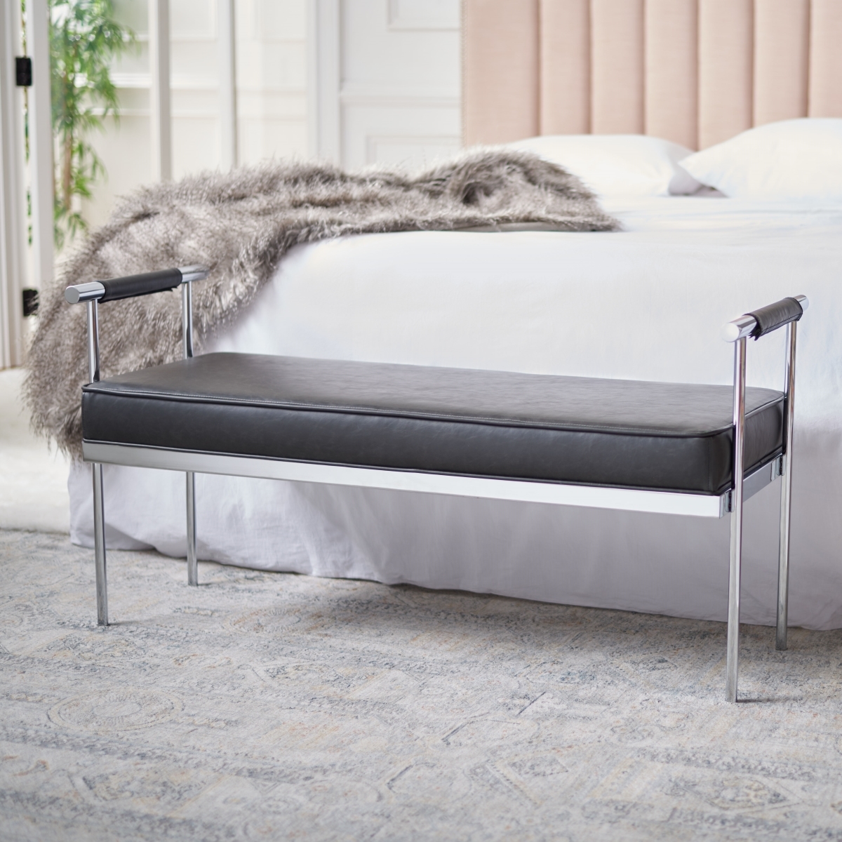 Pim Long Rectangle Bench W/Arms - Black / Chrome - Safavieh - Image 1