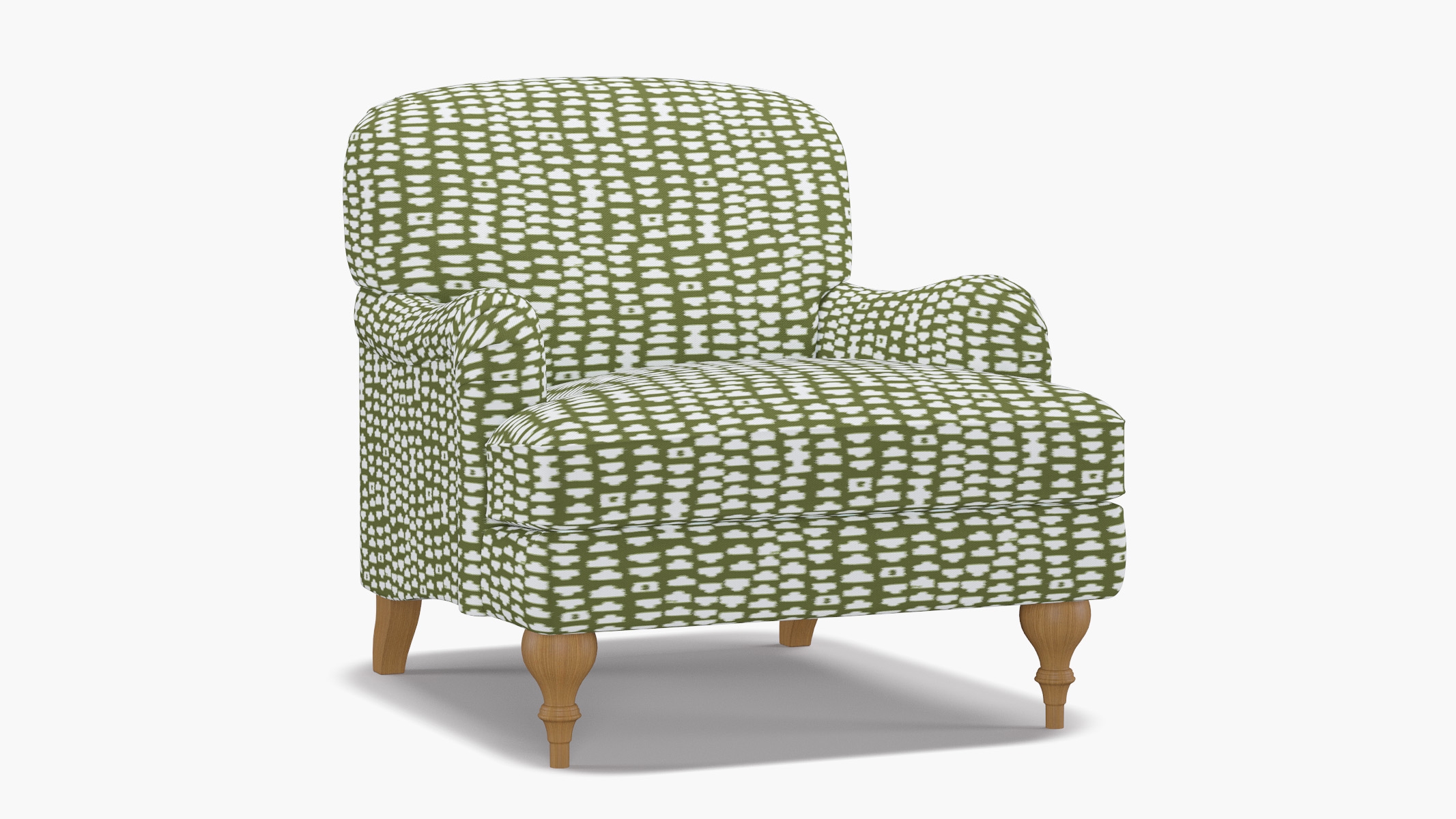 English Roll Arm Chair, Olive Odalisque, Natural Turned Wood Leg - Image 1