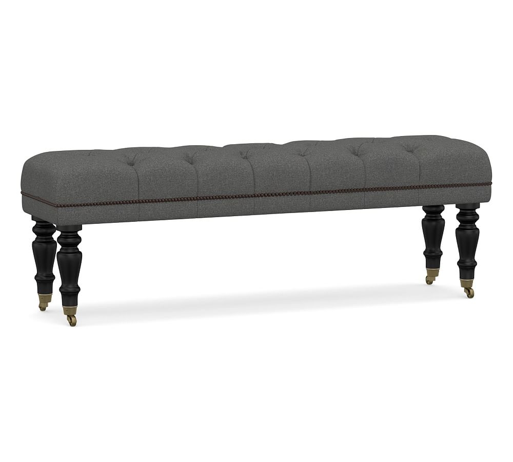 Raleigh Upholstered Tufted Queen Bench with Black Legs & Bronze Nailheads, Park Weave Charcoal - Image 0