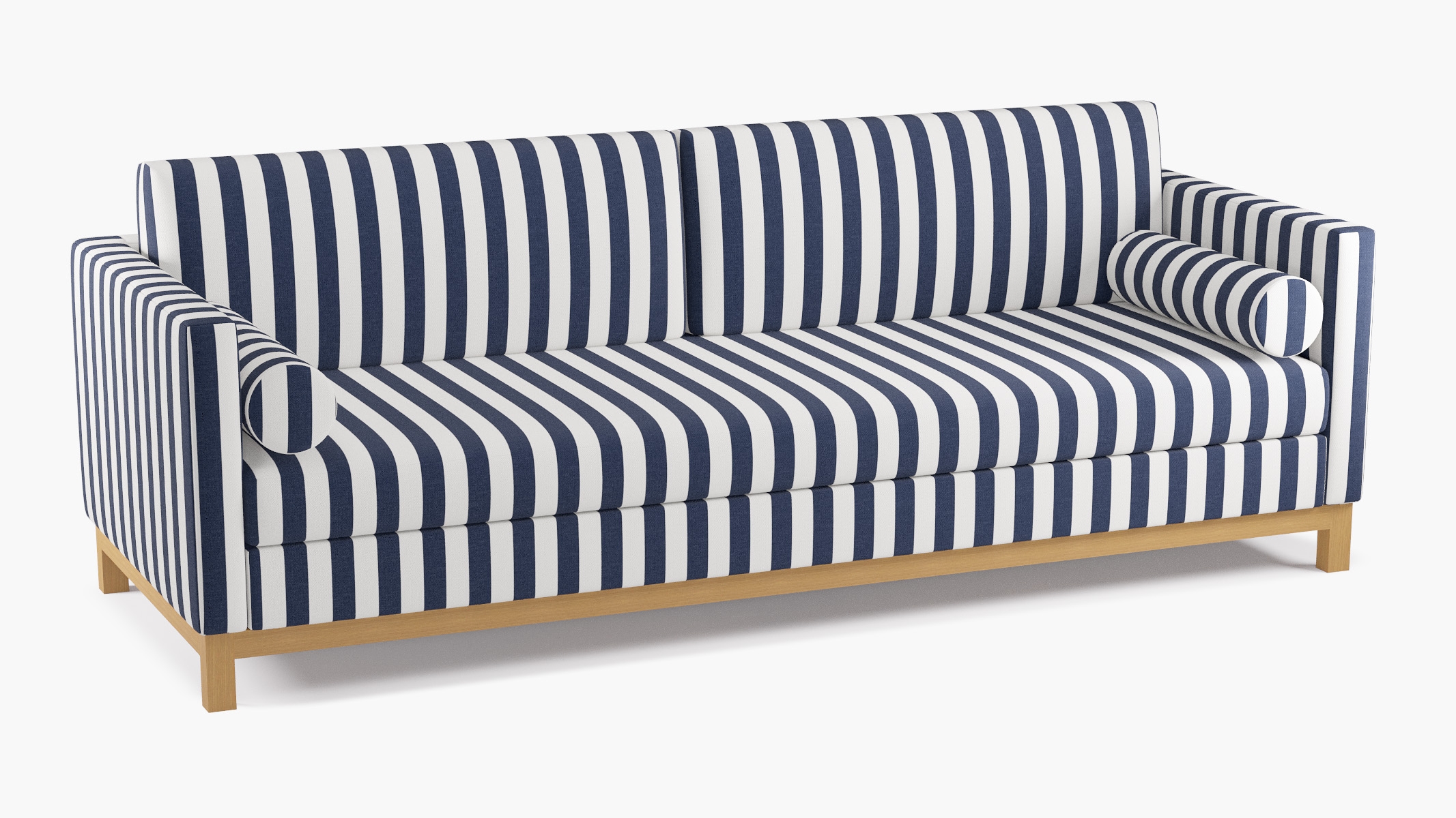 Tailored Tuxedo Sofa, Navy Cabana Stripe, Natural Wood Rail - Image 1