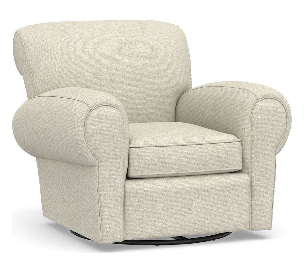 Manhattan Roll Arm Upholstered Swivel Armchair, Polyester Wrapped Cushions, Performance Heathered Basketweave Alabaster White - Image 0