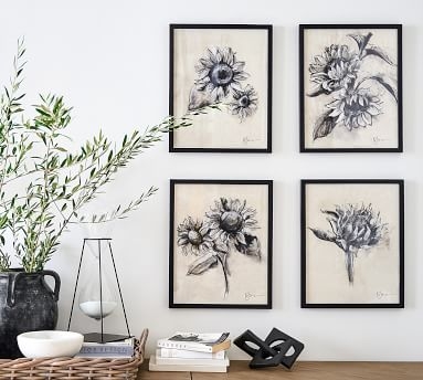 Charcoal Sunflower Sketch, Sunflower with Stem, 28" x 42" Wood Gallery, Black, Mat - Image 1