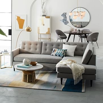 Drake Midcentury Sectional Set 01: Left Arm Sofa, Right Arm Terminal Chaise, Poly, Distressed Velvet, Ink Blue, Chocolate - Image 1