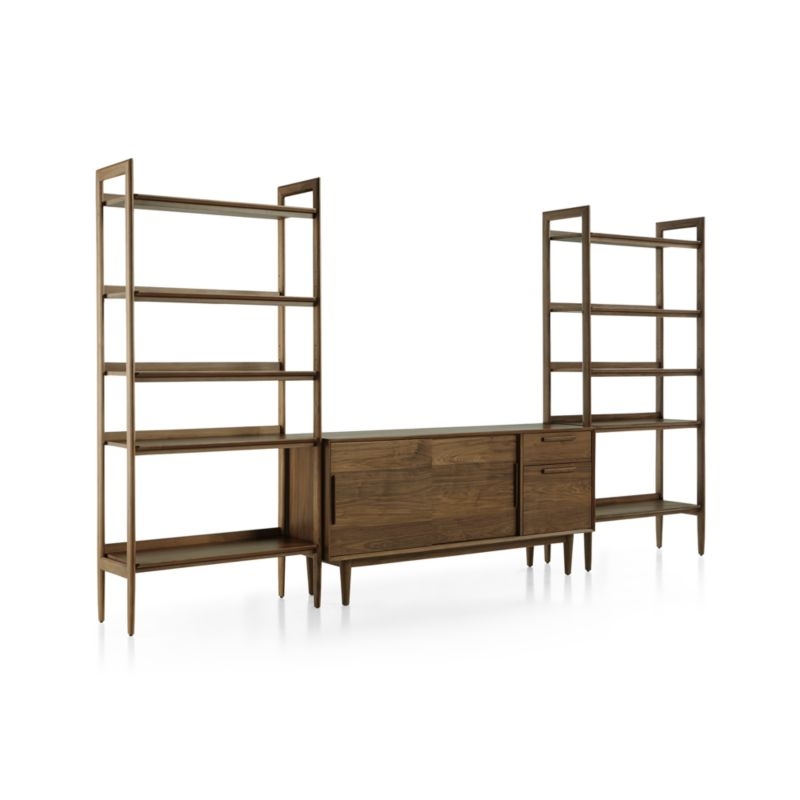 Tate 136.5" Walnut Storage Media Console and Bookshelf Set - Image 1