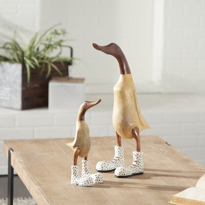 Decorative Natural Wood Ducks W/ White Polka Dot Shoes Sculptures Table Decor, Set Of 2 - Image 0
