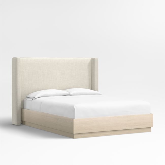 Arden 52" Natural Beige Upholstered Queen Headboard with Batten White Oak Bed Base - Image 0