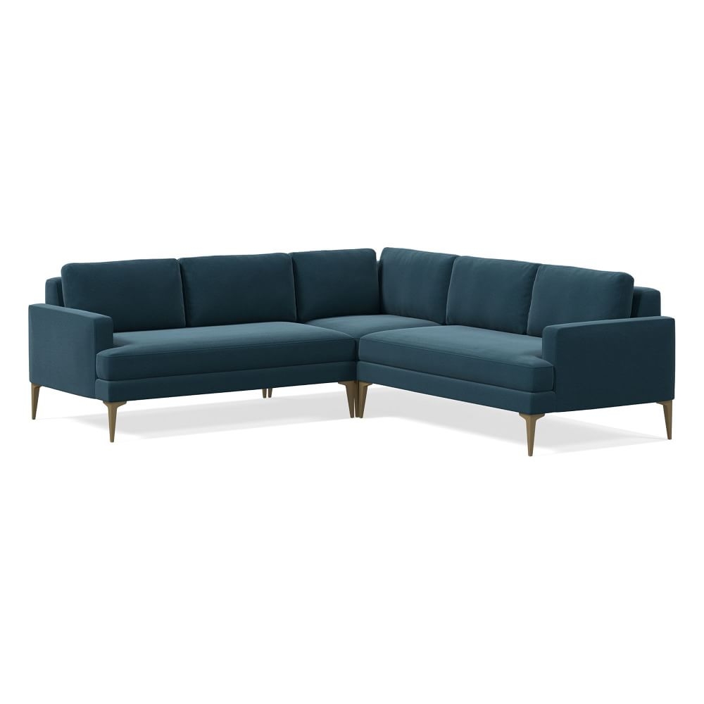 Andes Petite Sectional Set 46: Left Arm 2 Seater Sofa, Corner, Right Arm 2 Seater Sofa, Poly, Performance Velvet, Petrol, Blackened Brass - Image 0