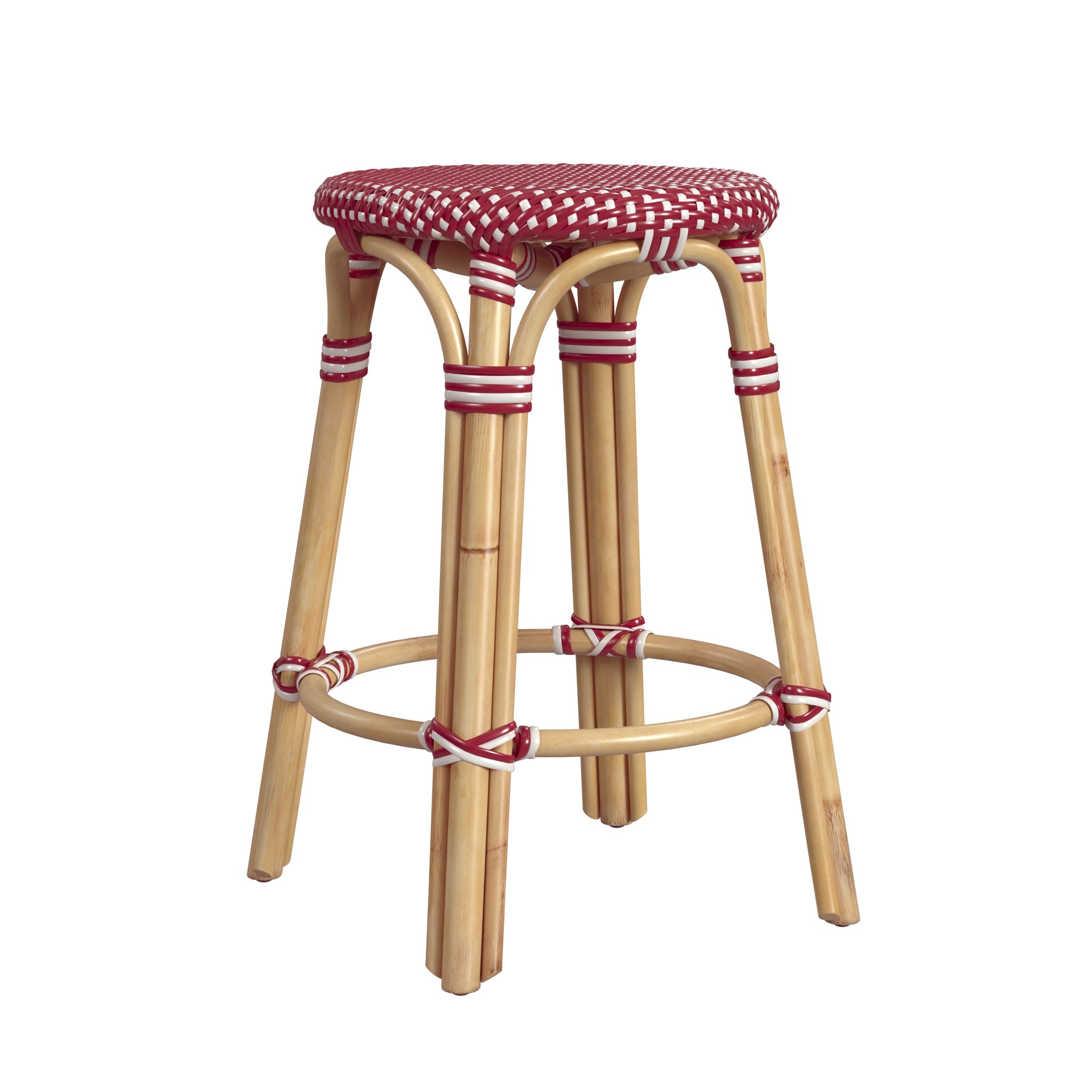 Tobias Red/White Dot/ Natural Rattan Frame Counter Stool - Image 0