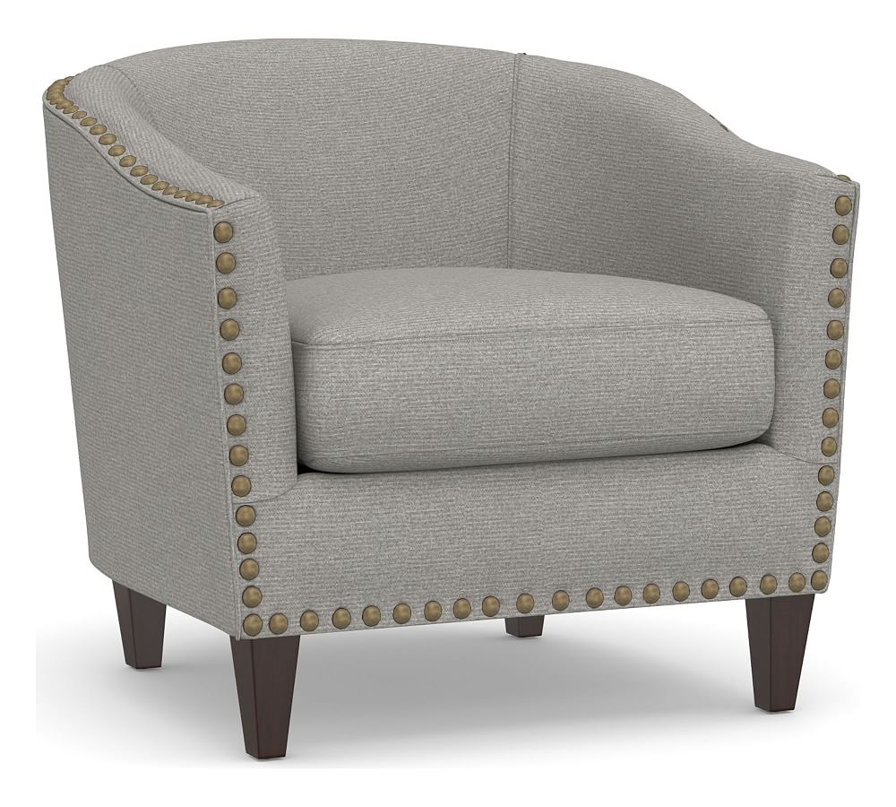 Harlow Upholstered Armchair with Bronze Nailheads, Polyester Wrapped Cushions, Performance Heathered Basketweave Platinum - Image 0