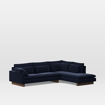 Harmony Sectional Set 13: Left Arm 2 Seater Sofa, Right Arm Terminal Chaise, Down Blend, Distressed Velvet, Ink Blue, Walnut - Image 0