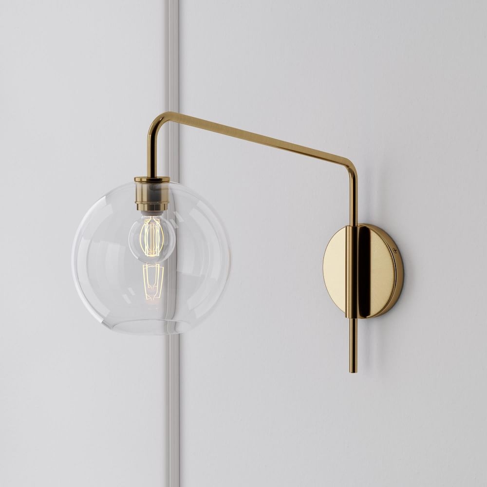 Sculptural Adjustable Sconce, Portable Convertible, Globe Small, Clear, Antique Brass, 8" - Image 0