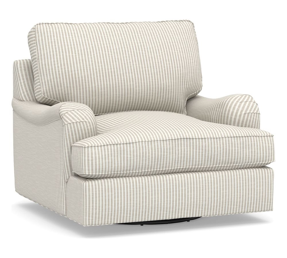 PB English Arm Upholstered Swivel Armchair, Polyester Wrapped Cushions, Classic Stripe Oatmeal - Image 0