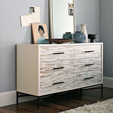 Wood Tiled 6-Drawer Dresser, Whitewash - Image 1