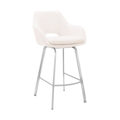 30 Inch Leatherette And Metal Swivel Bar Stool, White And Silver - Image 0