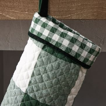 HTH Gingham w/ Contrast Cuff Stocking, Linen, Evergreen, 18"H - Image 2