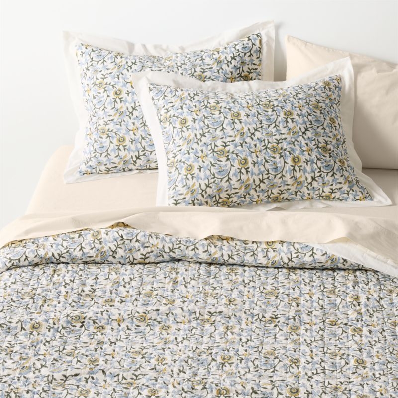 Celeste Organic Cotton Blue Vine Print Euro Quilted Bed Pillow Sham - Image 3