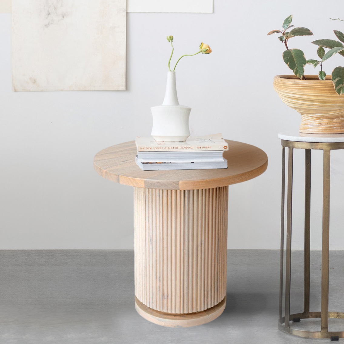 Round Mango Wood Pedestal Side Table with Ribbed Base, Natural Bleached - Image 0