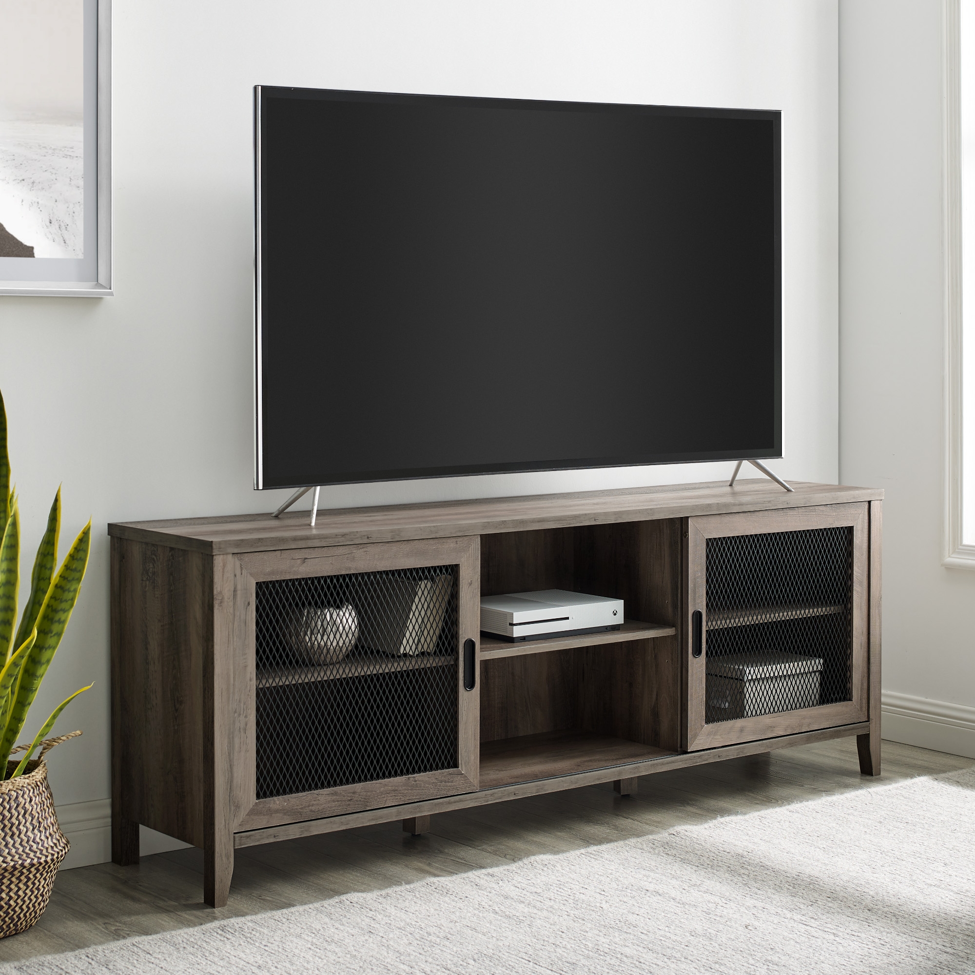 Arthur 70" Industrial Sliding Mesh Door TV Stand - Grey Wash - Image 5