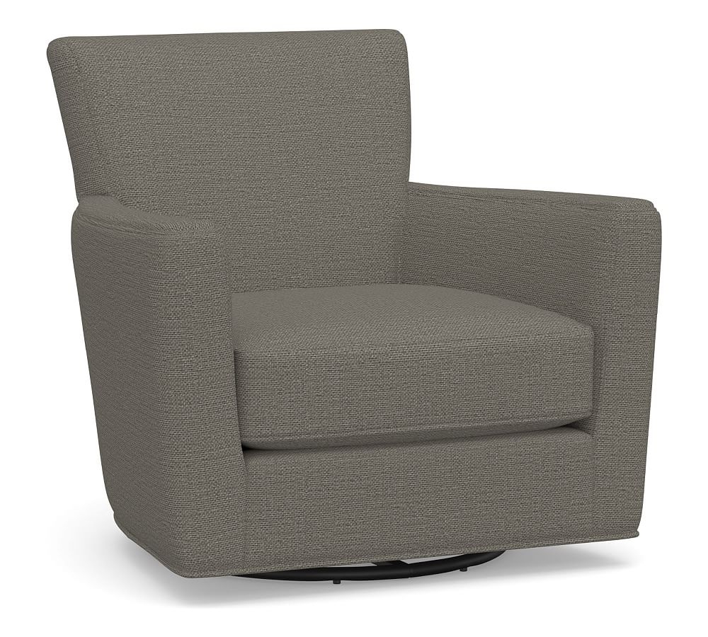 Irving Square Arm Upholstered Swivel Armchair, Polyester Wrapped Cushions, Chunky Basketweave Metal - Image 0